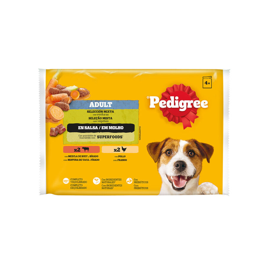 4 saquetas x 100 g Pedigree Alimento h&uacute;mido de frango e vaca com legumes em saqueta para c&atilde;es , , large Imagem n&uacute;mero 1